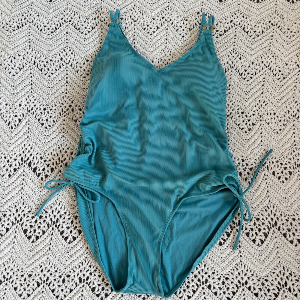 Time And Tru One Piece Swimsuit Aqua Blue Gold Hoops Women's Size XL (16-18)